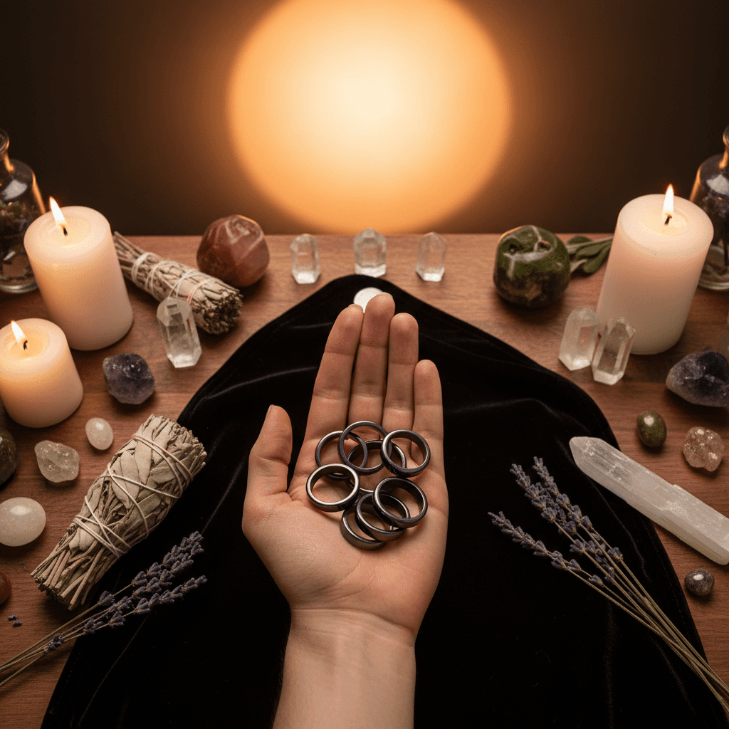 Create a dynamic, lifestyle scene featuring a dedicated metaphysical practitioner's space. The setting includes a wooden altar table adorned with candles, sage bundles, and crystals, with a vibrant, softly-lit background that suggests a calming, sacred spa