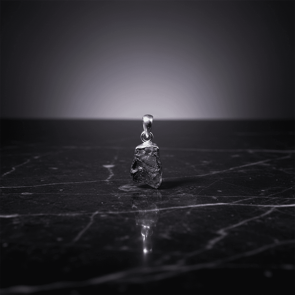 Craft a dramatic, cinematic shot of a Moldavite pendant lying on a polished, dark marble surface, illuminated by HDR studio lighting to bring out the vibrant, organic texture of the stone. The pendant, approximately 0.5 inches in length, is displayed promi