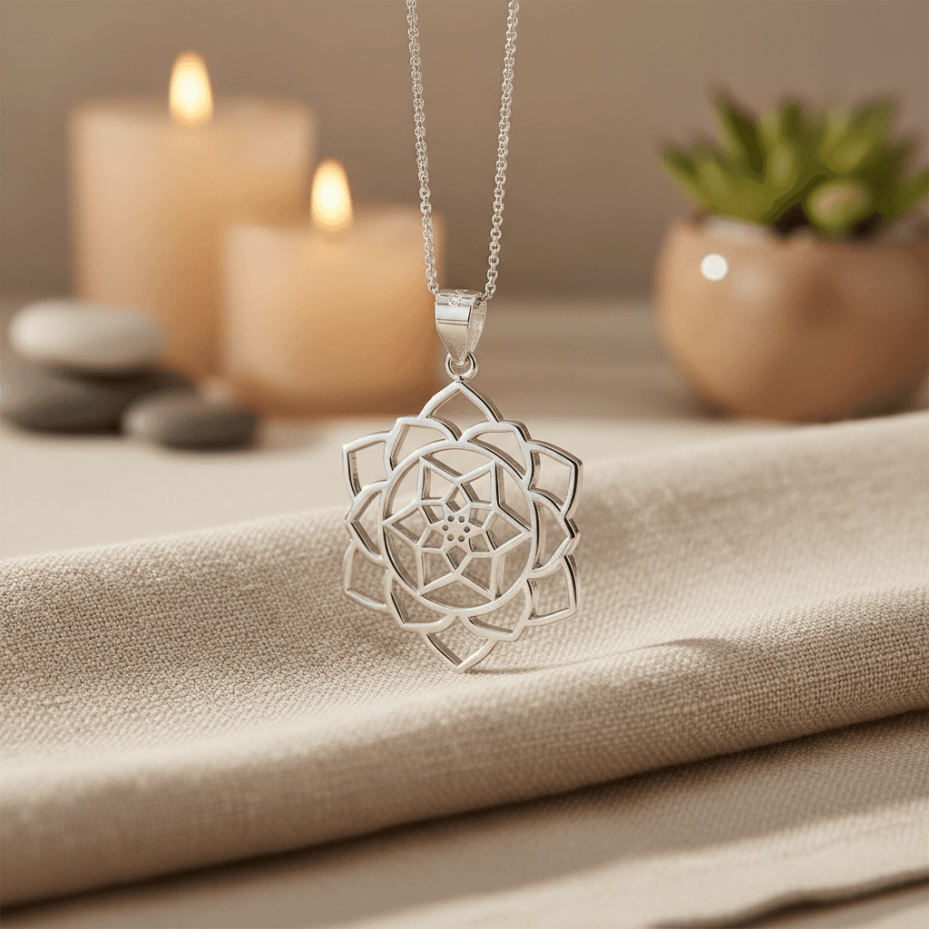 Lotus Flower Sterling Silver Pendant, 7/8", detail view