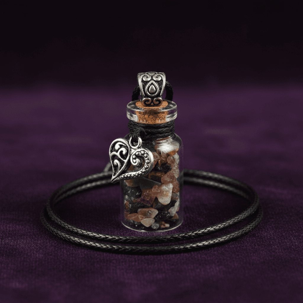 A close-up, highly detailed studio shot of the 'Torrmaline Chips in Bottle with Heart necklace,' positioned upright against a luxurious, dark velvet background to highlight its delicate craftsmanship. The scene is lit with softbox lighting to create a gent