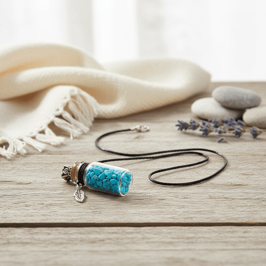 A beautifully styled lifestyle scene featuring the turquoise chips in the bottle necklace draped over a natural wooden surface. The setting is bathed in diffused daylight, creating a gentle, airy mood. The necklace is arranged casually, with the vial and f