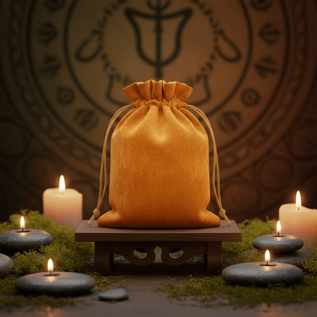 Visualize a serene and mystical setting where the brown velveteen bag is styled as a sacred talisman holder in a ritual space. Place the bag centrally, illuminated by rim lighting to create a subtle halo effect, with ambient, HDR studio lighting casting so