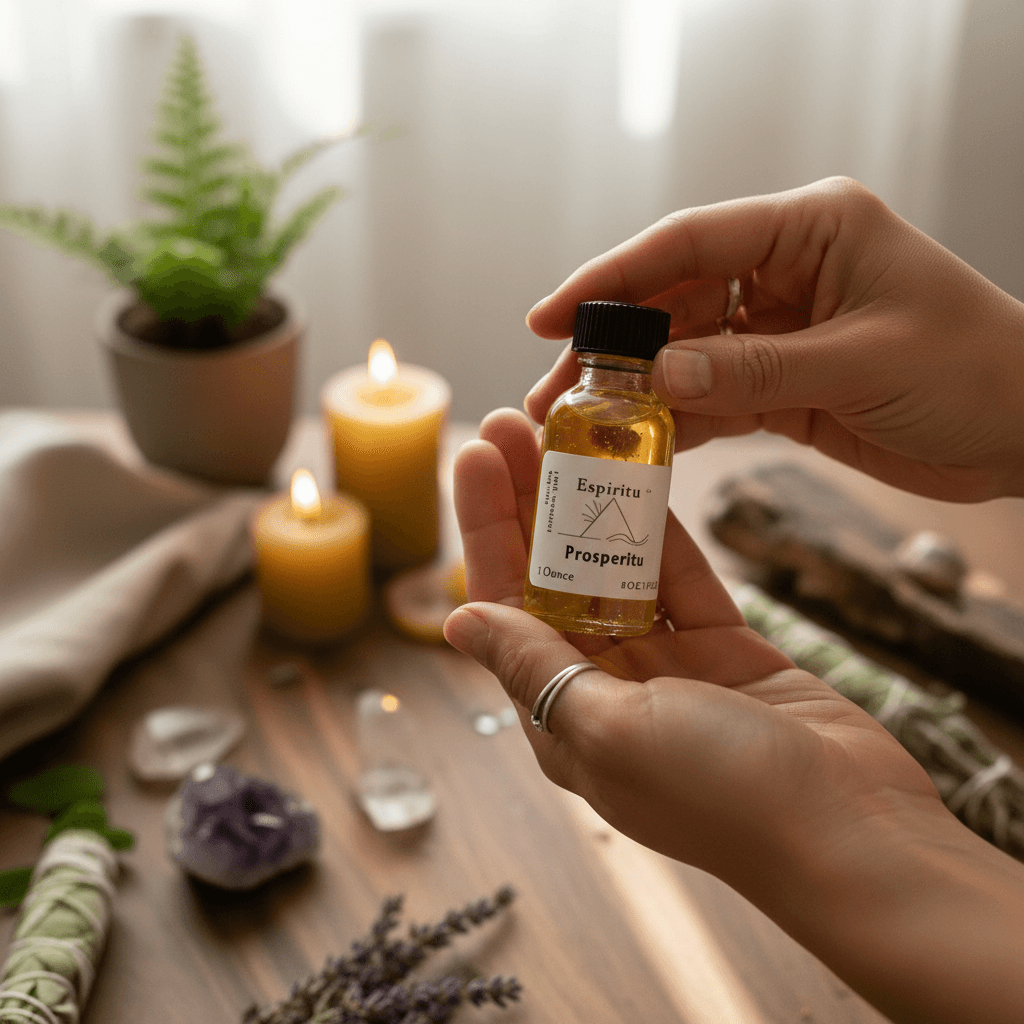 A cinematic lifestyle scene depicting a mystical practitioner in a serene, softly lit environment, holding the 'Prosperity Anointing Oil, 1 Ounce' in their hands. The scene uses diffused daylight with rim lighting to create a halo effect around the hand an