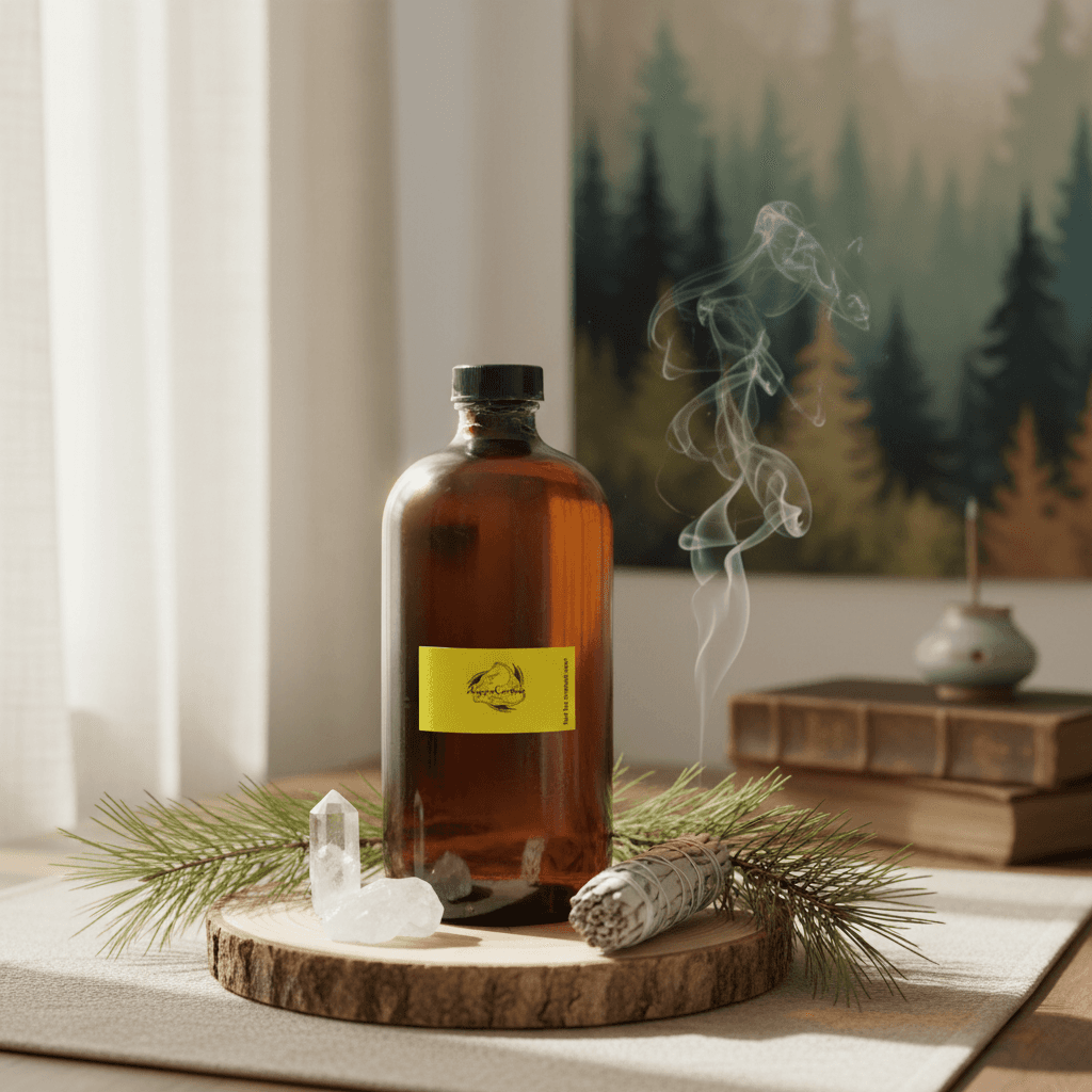 A vibrant, lifestyle scene set in a serene, nature-inspired space with soft daylight diffused through sheer curtains illuminating a small altar or ritual setup. The 16 oz Pine Essential Oil bottle is prominently displayed in the foreground on a natural woo