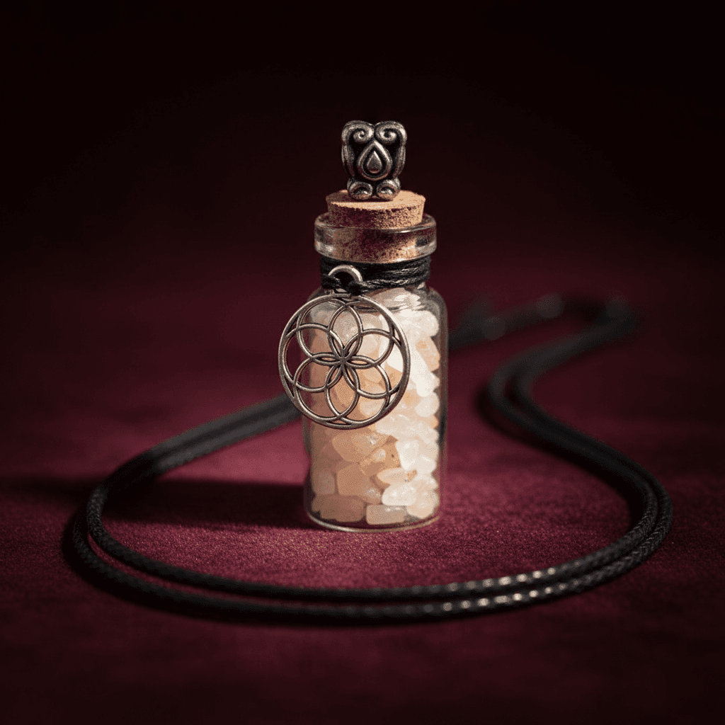 Sunstone Chips in Bottle with Seed of Life necklace, alternate view