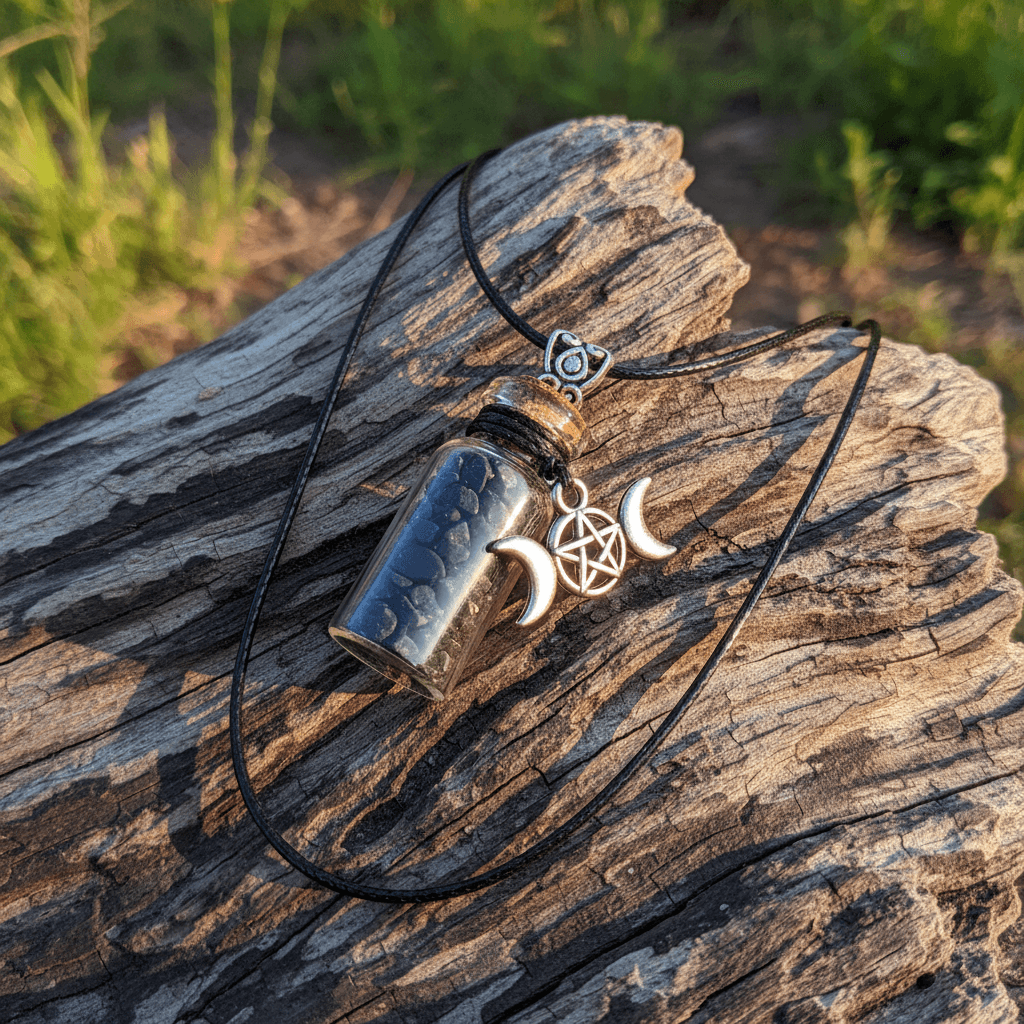 Shungite Chips in Bottle with Triple Moon necklace, alternate view