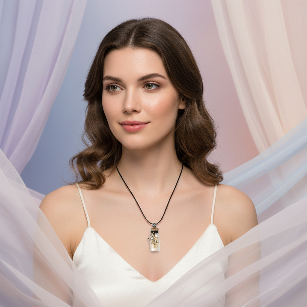 A glamorous lifestyle shot of the Moonstone Chips in Bottle with Unicorn Necklace in an elegant, softly lit environment reminiscent of a jewelry boutique display. The necklace is styled on a model with a focus on the long cord and the detailed unicorn char