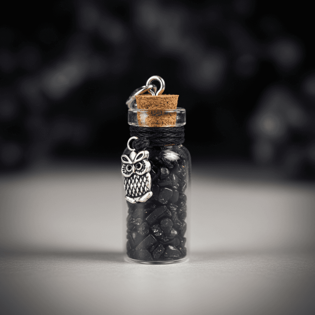 Black Torrmaline Chips in Bottle with Owl necklace, alternate view