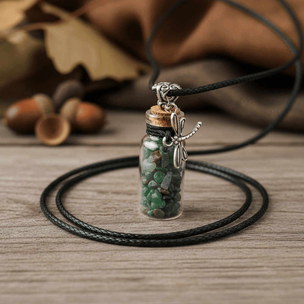Green Aventurine Chips in Bottle with Dragonfly necklace, detail view