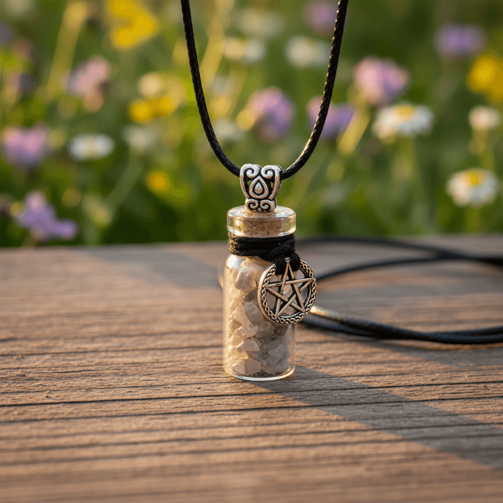 Craft a vibrant, lifestyle-oriented scene featuring the necklace casually placed on a natural, textured wooden surface outdoors during golden hour. Employ HDR studio lighting to mimic natural sunlight, casting warm, soft glows that bring out the subtle shi