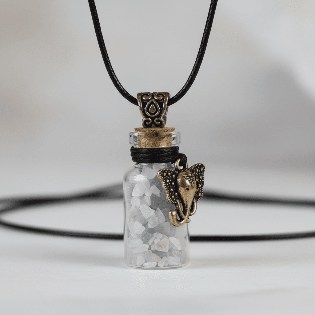 A highly detailed studio portrait of the Blue Lace Agate chips in a glass vial with an intricate Ganesha pendant necklace, photographed with a professional HDR studio lighting setup. Shot from a slightly elevated angle using a macro lens with a 100mm focal