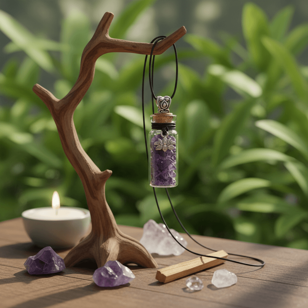 Visualize the Amethyst Bottle Necklace, 1.5', styled in a serene, nature-inspired lifestyle scene. The necklace hangs naturally from a twig-like stand against a softly blurred background of lush greenery and daylight dappling through leaves, captured with