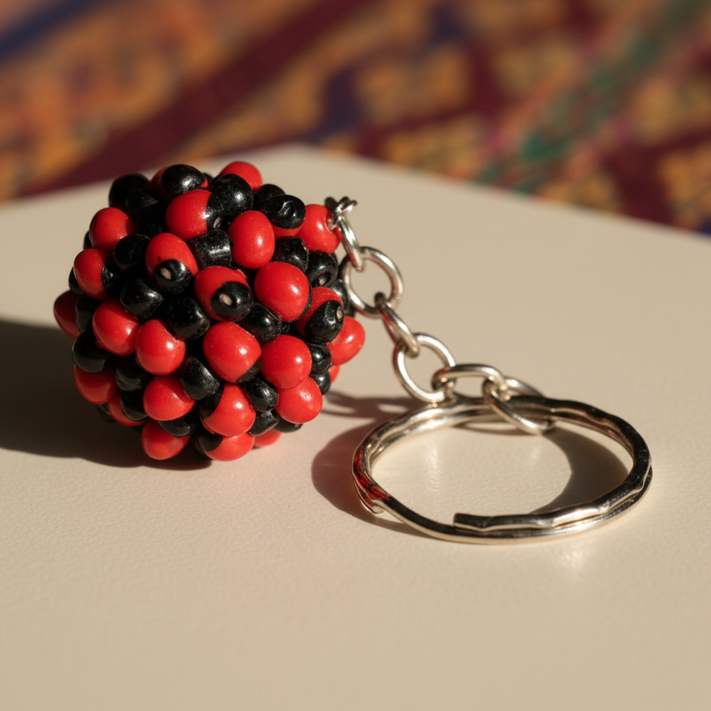 Create a highly detailed macro shot of a Huayruro protection key ring, captured with a professional HDR studio light setup, to highlight the intricate texture and natural polish of the seeds. Use a shallow depth of field from a slightly elevated camera ang