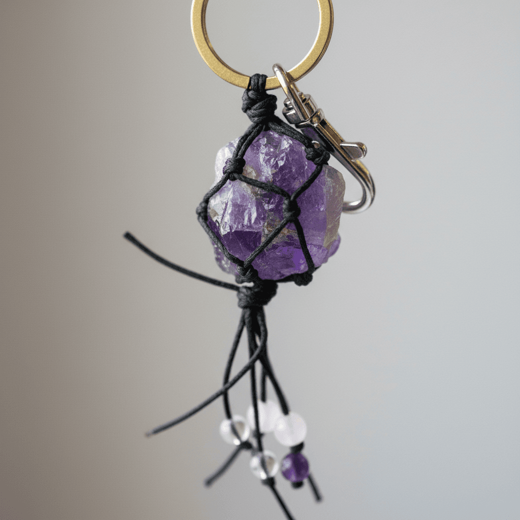 Capture a close-up, macro shot of the Healing Amethyst Keychain suspended against a sleek, minimalist background with a soft diffused daylight studio lighting setup. Use a high-resolution camera with a macro lens at 100mm focal length, focusing sharply on