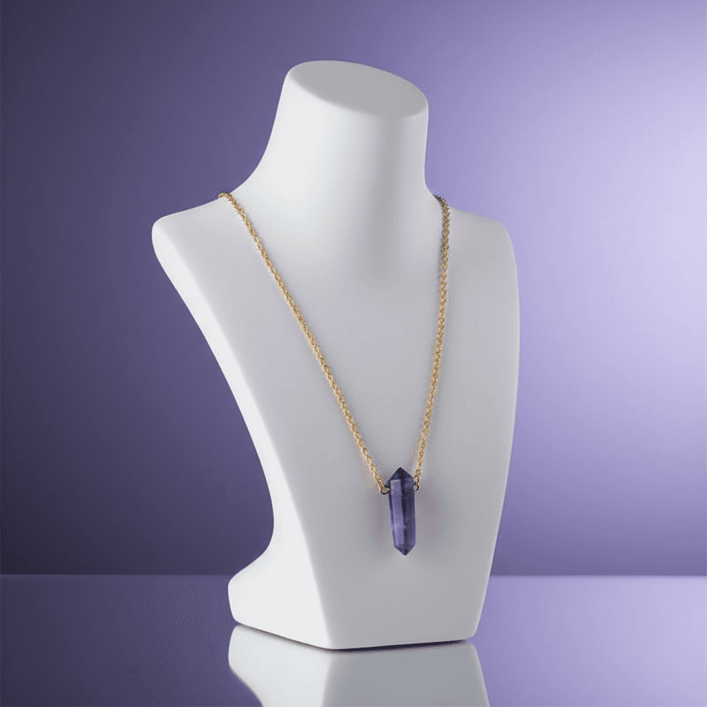 Present the Amethyst Double Terminated Necklace with Chain arranged on a minimalist, modern bust display in a softly lit studio environment. Employ HDR studio lighting to produce even, diffused illumination, emphasizing the rich, calming violet tones and t