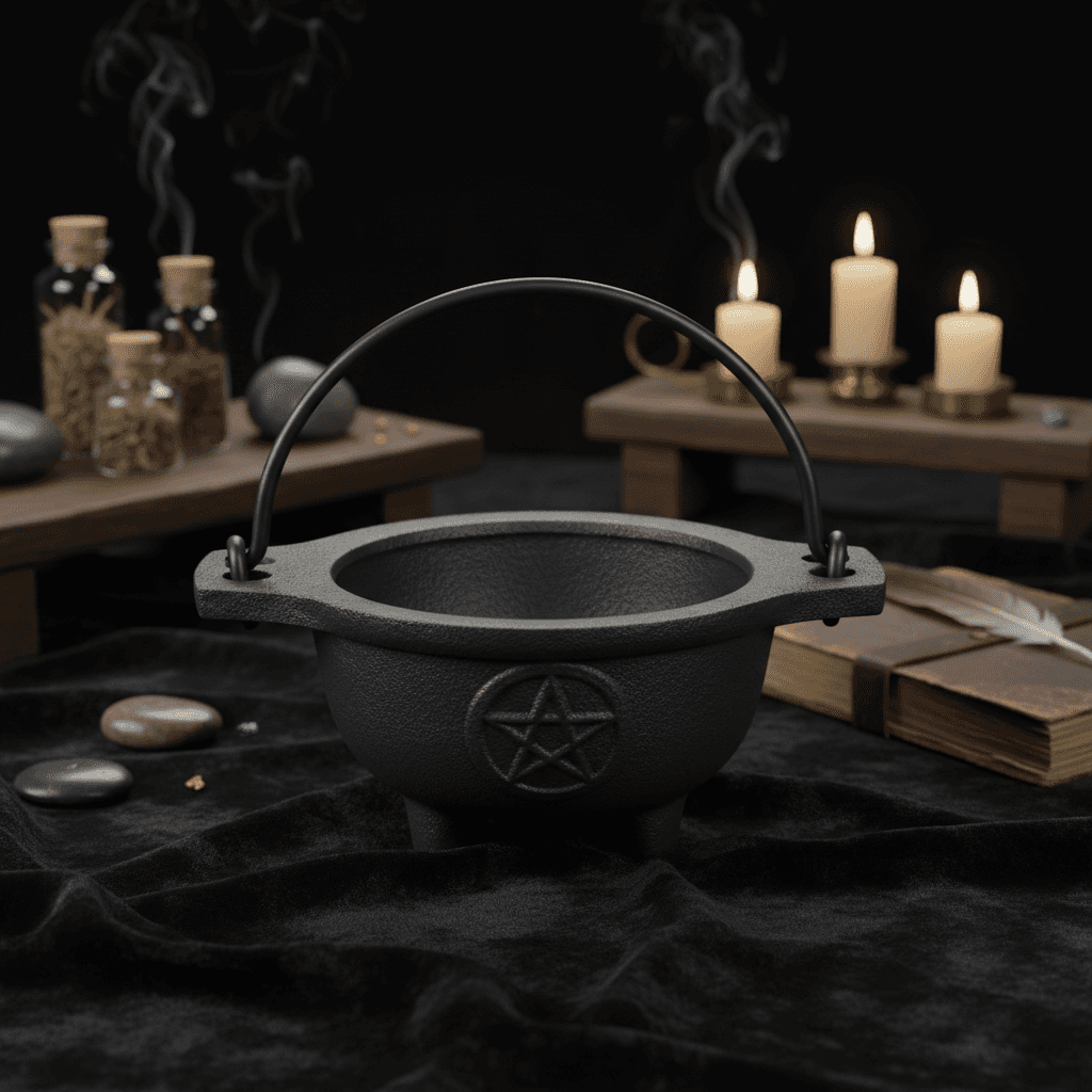 Depict the 'Pentagram Cast Iron Cauldron 3 1/2"' in a candid, lifestyle scene set on a dark, textured velvet cloth resembling an altar setup. Use HDR studio lighting to evenly illuminate the detailed embossed pentagram and the rough texture of the cast iro