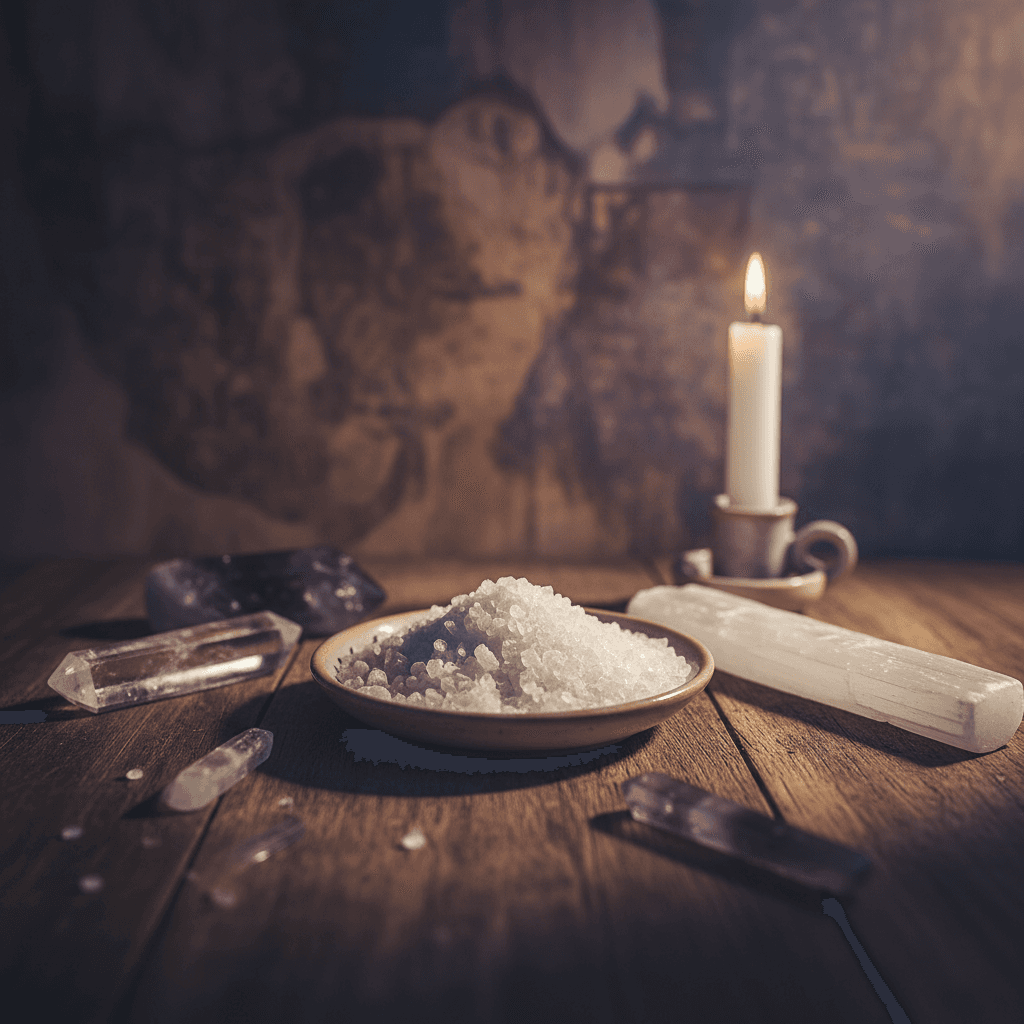 A cinematic, lifestyle-inspired scene showing a ritual setup with a small dish of Epsom salts crystals placed amidst spiritual tools—crystal wands, a ritual candle, and a selenite stick—on a wooden surface with a moody, textured backdrop. Warm, rim lightin
