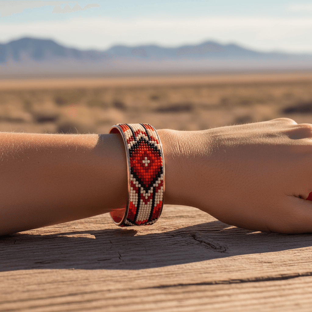 Red & Black Diamond Czech Beaded Copper Bracelet, detail view