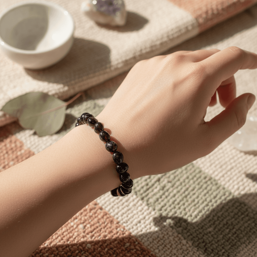 conceive an artistic lifestyle scene showcasing the 'Garnet bracelet' worn on a model's wrist in a serene, natural setting. Use diffused daylight with HDR studio lighting to evenly illuminate the bracelet, capturing the depth and vibrant color of the garn