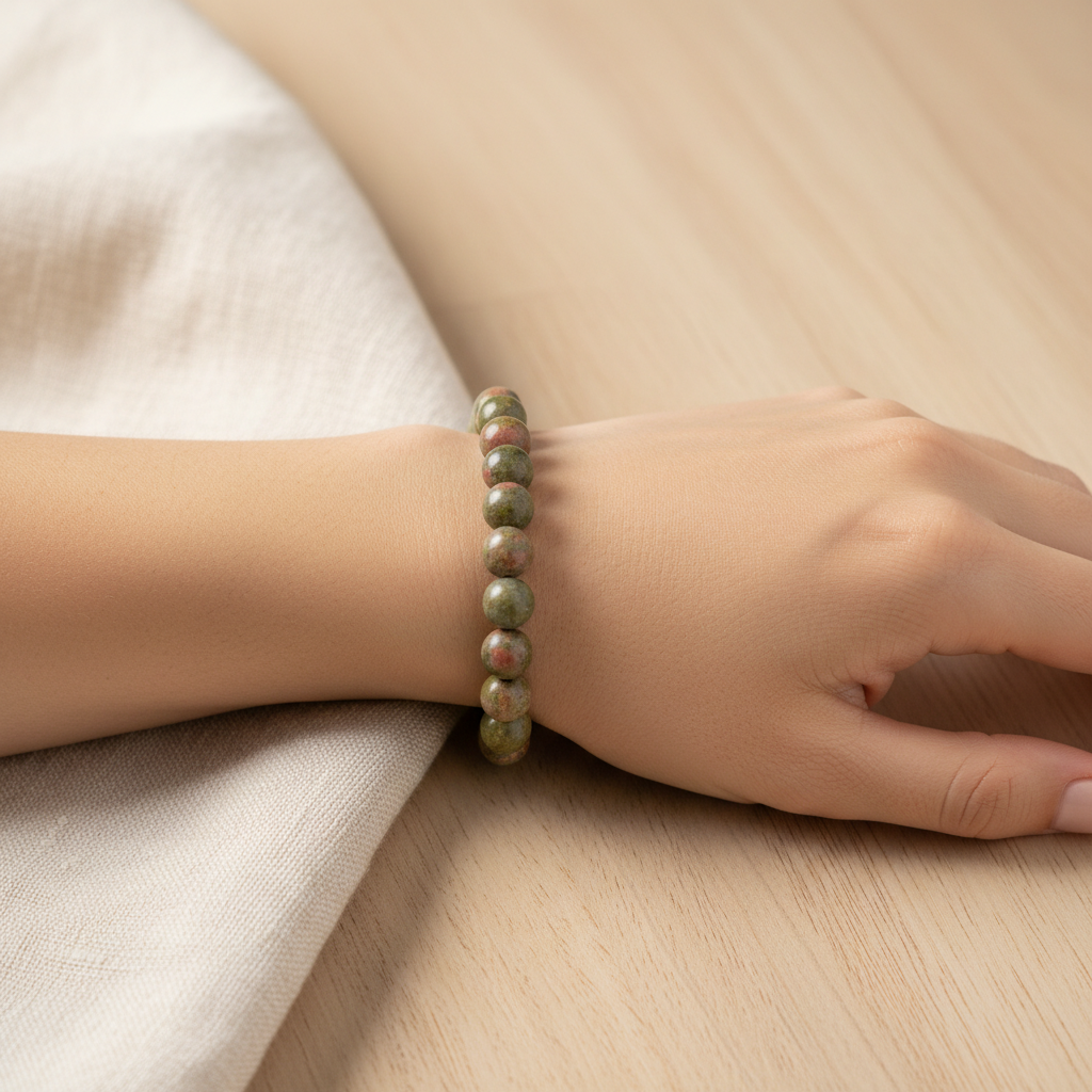 Construct a sophisticated lifestyle shot featuring the Unakite bracelet styled on a wrist, captured from a slightly lower angle to showcase both the jewelry and the wrist’s natural movement. Use diffused daylight studio lighting to create a soft glow that