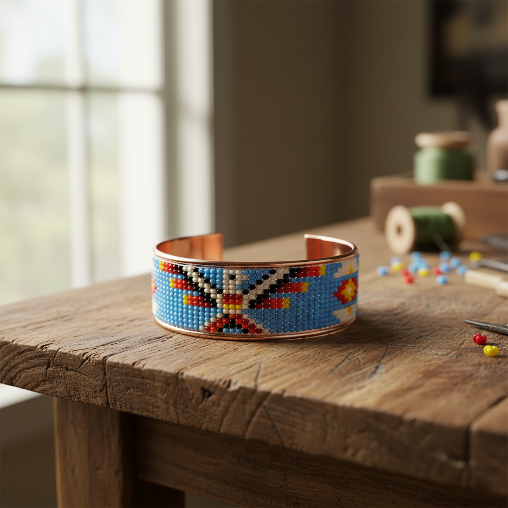 Generate a high-resolution image of the 'Czech Beaded Copper bracelet' styled as an artistic statement piece on a rustic, wooden artisan's display table with natural daylight diffused softly through a large window. Use a close-up shot from an angled perspe