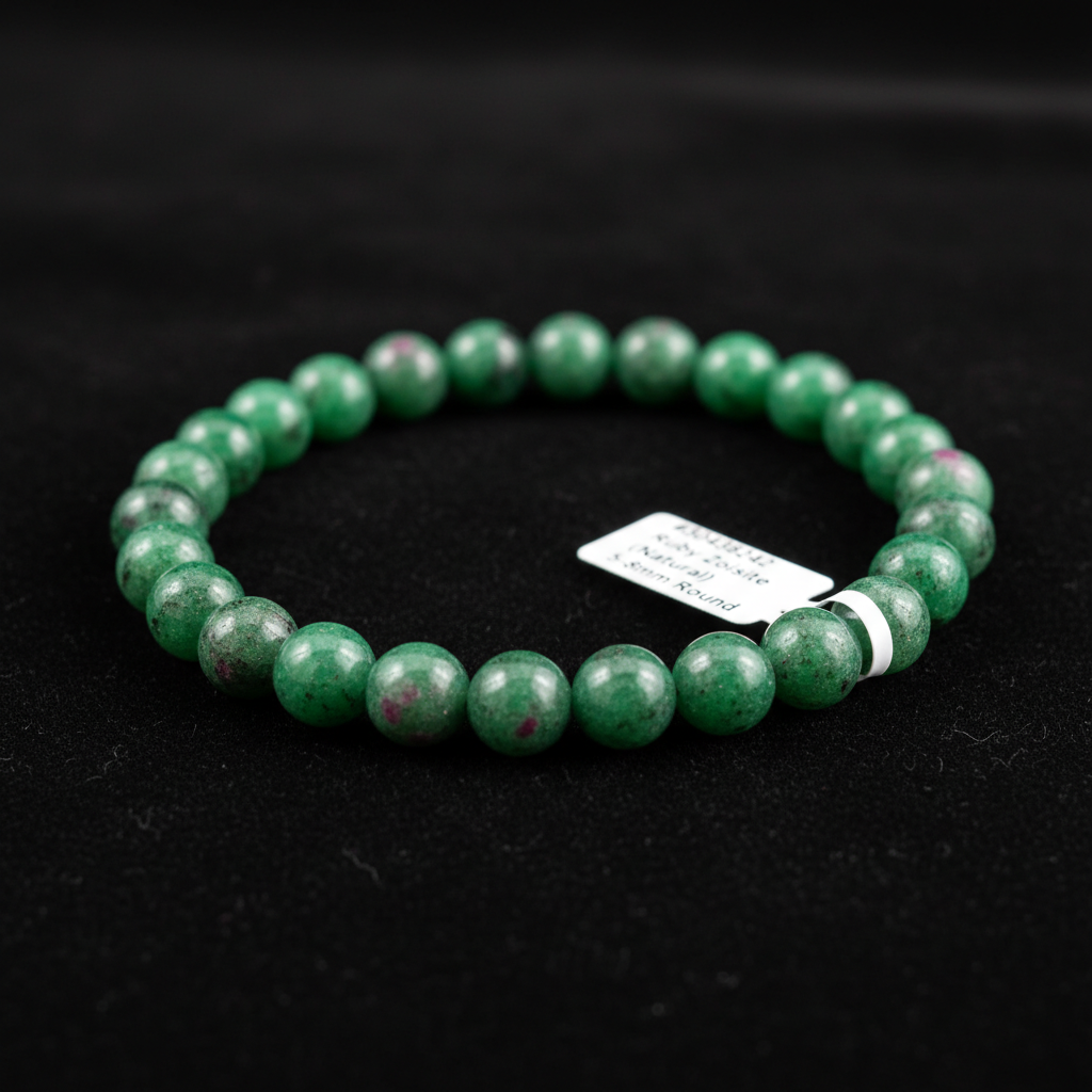 A luxurious macro shot of a Ruby Zoisite bracelet with 5mm to 8mm beads, elegantly draped over a smooth, reflective black velvet surface. The scene is illuminated with HDR studio lighting using softboxes to create even, diffused daylight, highlighting the