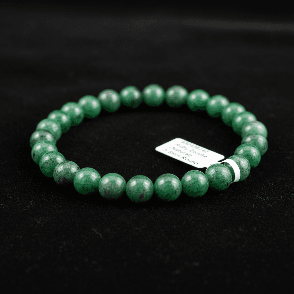 A luxurious macro shot of a Ruby Zoisite bracelet with 5mm to 8mm beads, elegantly draped over a smooth, reflective black velvet surface. The scene is illuminated with HDR studio lighting using softboxes to create even, diffused daylight, highlighting the
