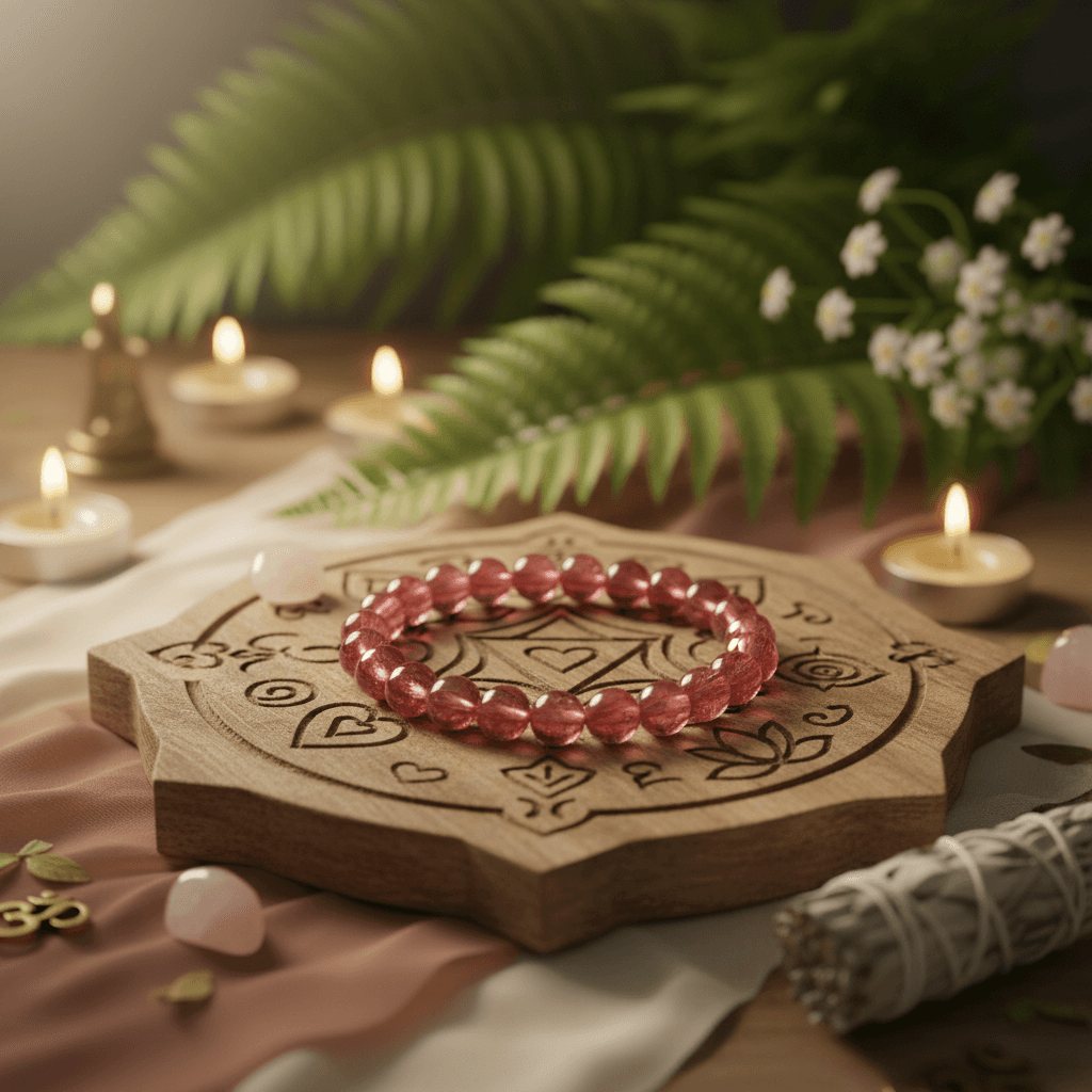 A vibrant, lifestyle-inspired setting featuring the Strawberry Quartz bracelet draped elegantly on a carved wooden altar adorned with soft, flowing fabric in earth tones. The bracelet is showcased under softbox lighting that mimics natural morning sunlight