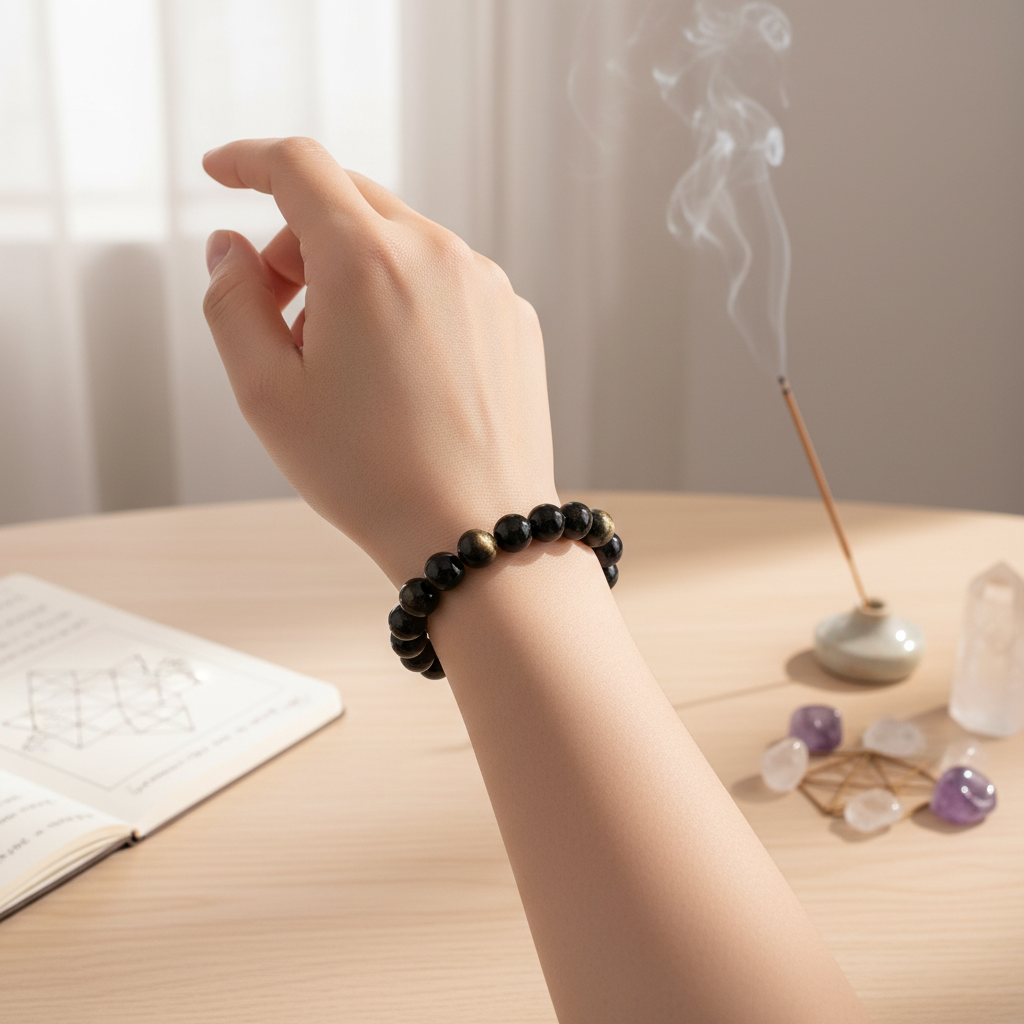 Design a sophisticated, lifestyle scene featuring the Goldsheen Obsidian Bracelet worn on a woman's wrist for a spiritual practitioner or empaths, set against a minimalist, softly lit studio backdrop that resembles a serene meditation or ritual space. Empl