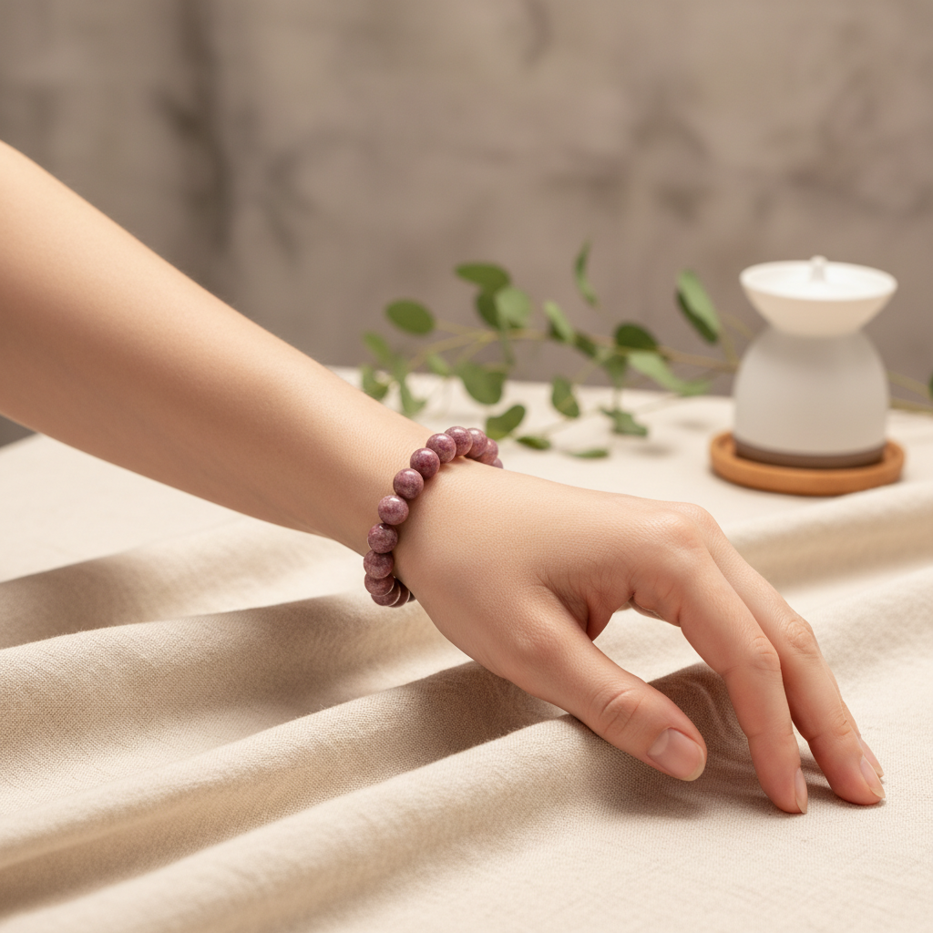 Create a styled lifestyle scene featuring the Lepidolite bracelet worn on a model’s wrist during a calming meditation session in a softly lit, minimalist wellness space. Use diffused daylight simulated by studio strobes with softboxes to produce natural ye