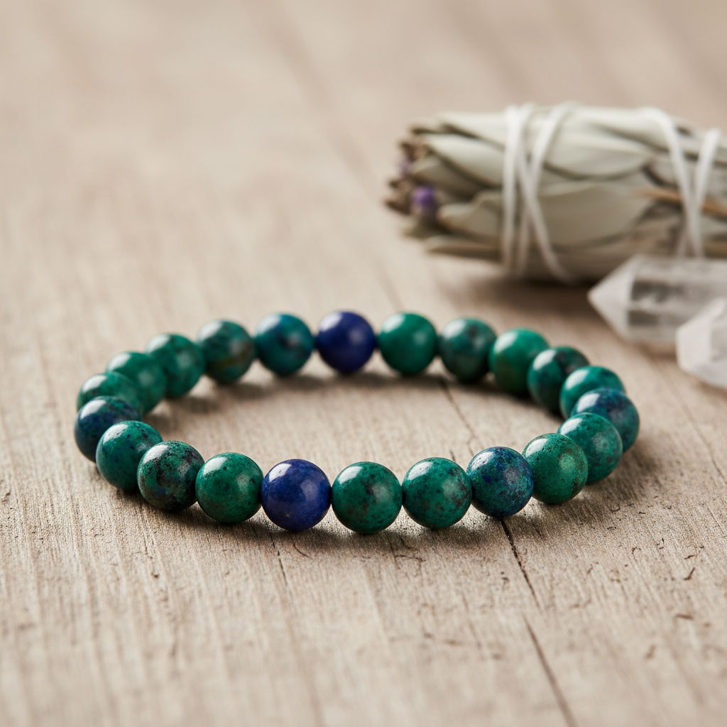 A lifestyle scene featuring the Azurite Malachite beaded bracelet, 8mm, elegantly draped on a natural wooden surface in a softly lit, tranquil setting. The lighting mimics diffused daylight, providing an organic glow that enhances the deep hues and natural