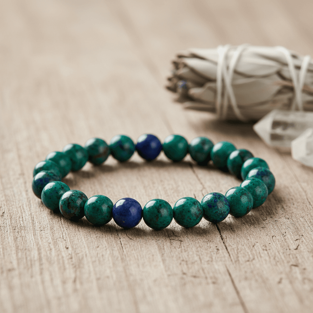 A lifestyle scene featuring the Azurite Malachite beaded bracelet, 8mm, elegantly draped on a natural wooden surface in a softly lit, tranquil setting. The lighting mimics diffused daylight, providing an organic glow that enhances the deep hues and natural