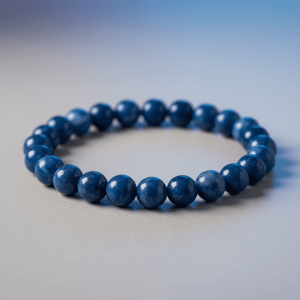 A highly detailed, cinematic product shot of an 8mm Sodalite Beaded Bracelet, captured in a professional studio setting. The scene features softbox lighting that gently highlights the natural texture and deep, calming hues of the sodalite beads, with subtl