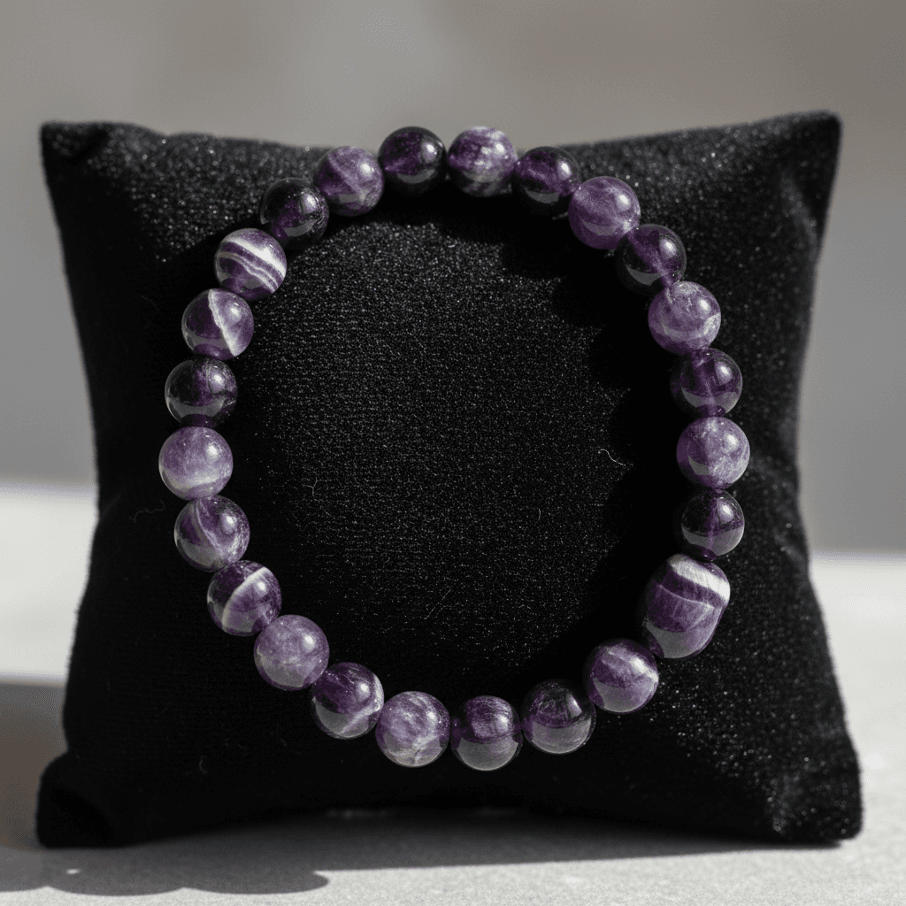 A highly detailed studio shot of the Chevron Amethyst Bracelet, 8mm, elegantly draped over a soft black velvet cushion, with luxurious HDR studio lighting that highlights the intricate patterns and natural translucence of the amethyst stones. The camera is