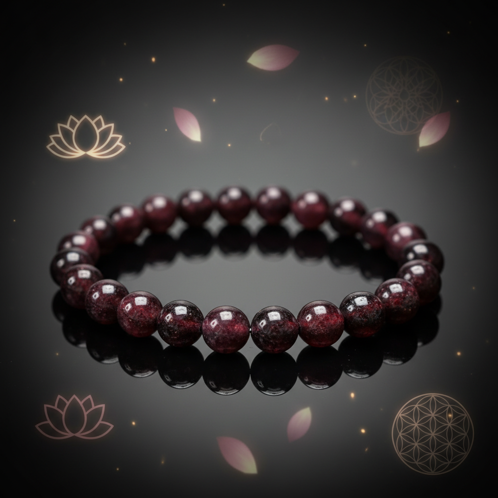 Create a highly detailed, cinematic studio image of a Garnet Beaded Bracelet, 6-8mm, showcasing its rich, deep red hue and polished round beads, arranged elegantly on a reflective black surface that emphasizes the smooth texture and vibrant color. Use soft
