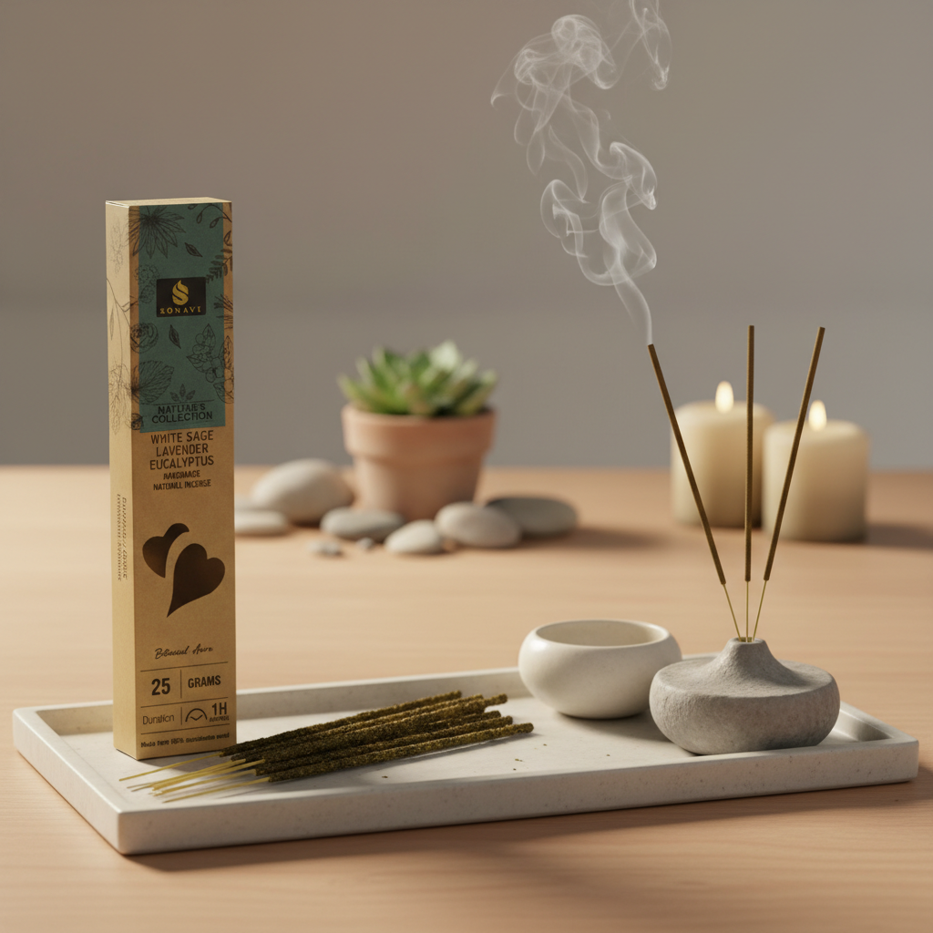 A sophisticated lifestyle setting with a minimalist aesthetic, displaying the White Sage, Lavender, and Eucalyptus Incense in elegant ceramic holders on a clean, matte surface. The scene is illuminated by HDR studio lighting with a rim light to emphasize t