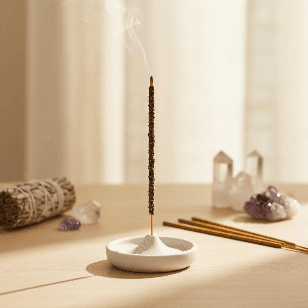 Set in a tranquil, sacred space, this image depicts a single white sage incense stick standing upright in an elegant, minimalist holder, softly illuminated by HDR studio lights to bring out the warm, earthy textures of the sage and its fibrous surface. The