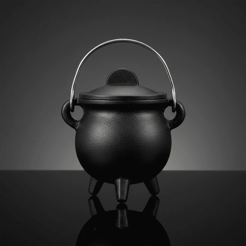 A highly detailed, close-up studio shot of the Plain cast iron cauldron with lid, positioned centrally on a sleek reflective surface. The cauldron is illuminated by softbox lighting from above, emphasizing its matte black, textured cast iron surface and th