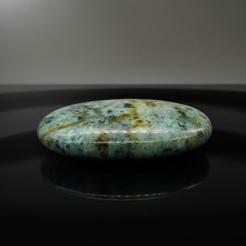 A highly detailed, cinematic studio shot of a ~2ft long African Turquoise palm stone placed prominently on a sleek black velvet surface, illuminated by soft HDR studio lighting that enhances its soothing turquoise tones and intricate inclusions. The camera