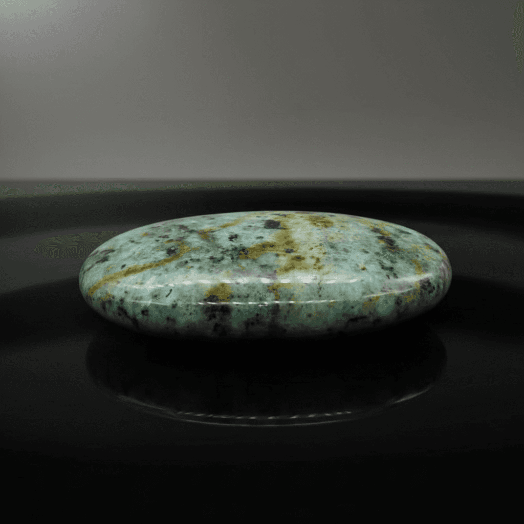 A highly detailed, cinematic studio shot of a ~2ft long African Turquoise palm stone placed prominently on a sleek black velvet surface, illuminated by soft HDR studio lighting that enhances its soothing turquoise tones and intricate inclusions. The camera