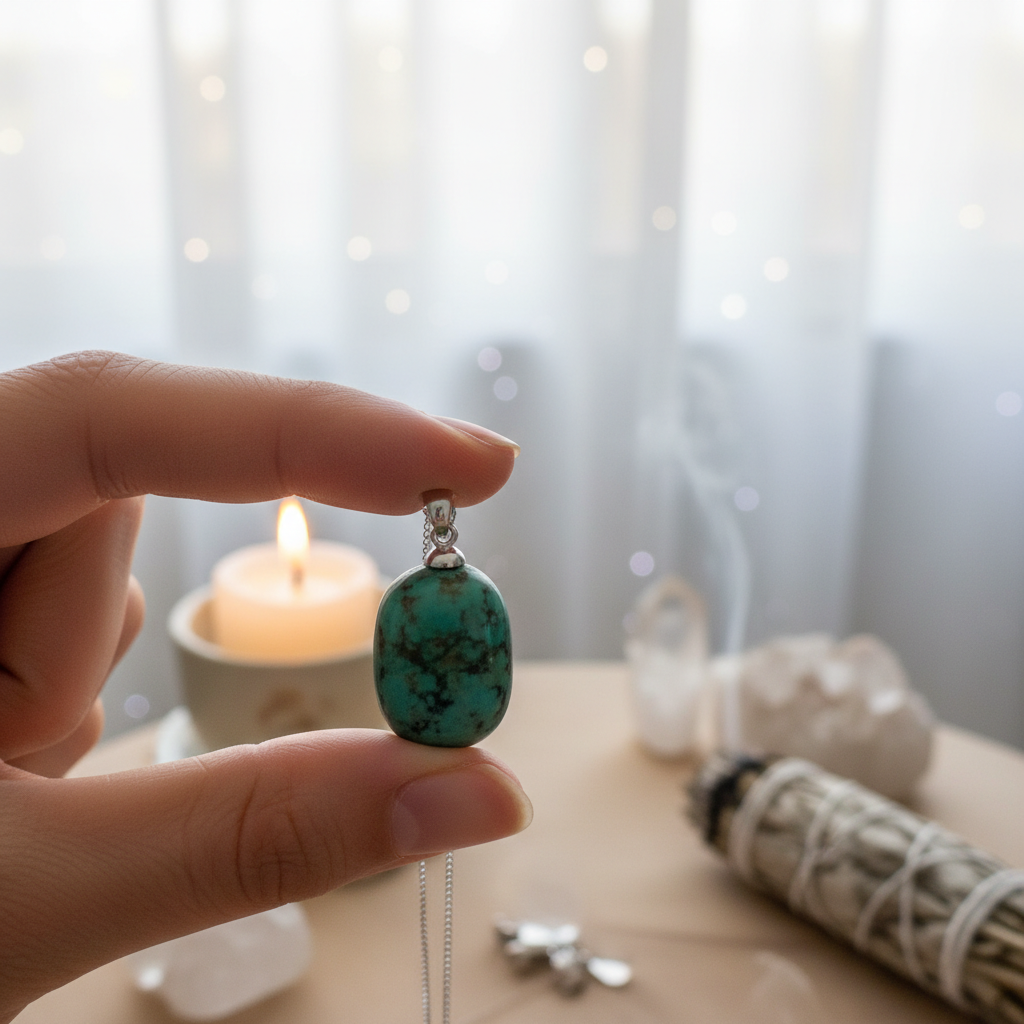Depict a serene, softly lit lifestyle scene featuring a hand holding a ~3/4' tumbled stone pendant, with a focus on the pendant’s natural textures and rich mineral details. Set in a calm, spiritual workspace environment, softly illuminated by diffused dayl