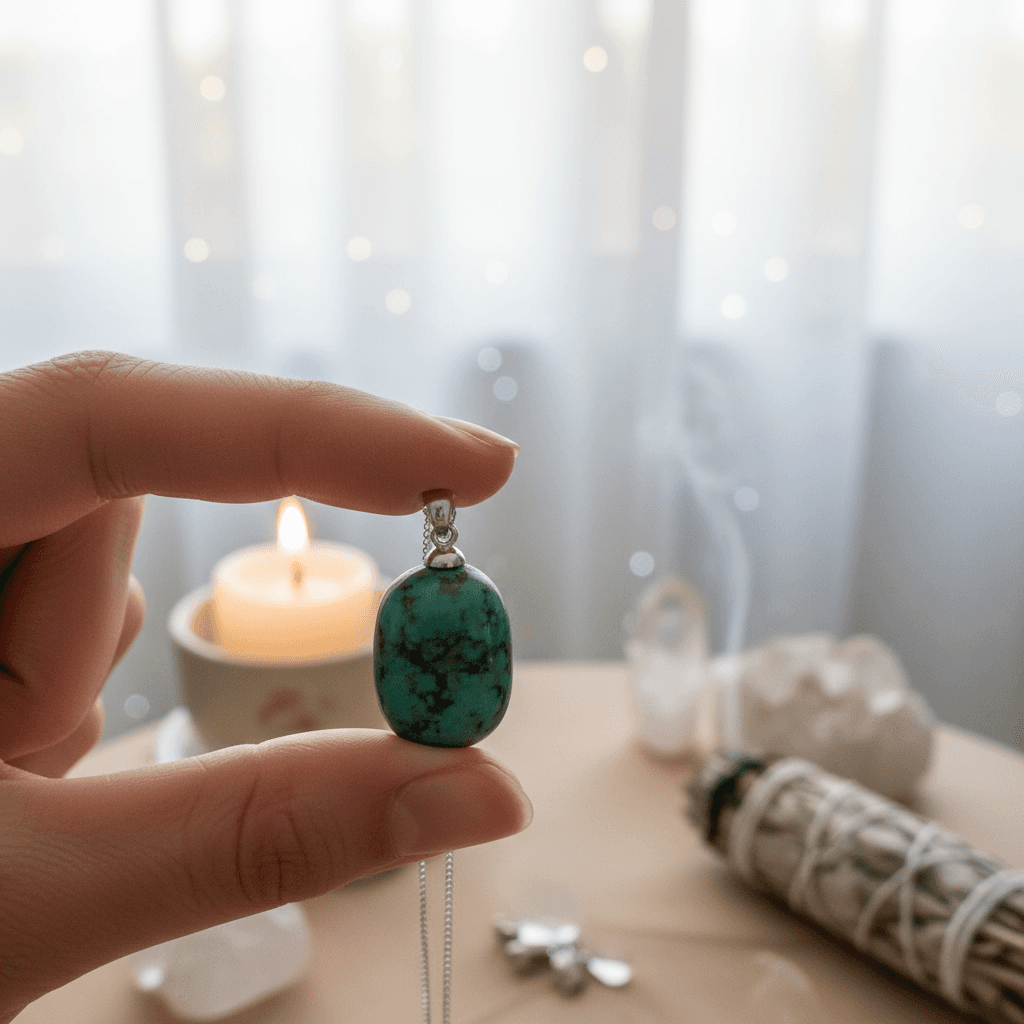 Depict a serene, softly lit lifestyle scene featuring a hand holding a ~3/4' tumbled stone pendant, with a focus on the pendant’s natural textures and rich mineral details. Set in a calm, spiritual workspace environment, softly illuminated by diffused dayl