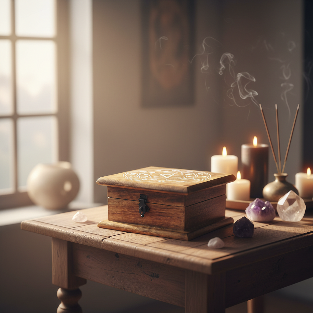 A vibrant, lifestyle-inspired image showcasing the Zodiac Moon Phase Wooden Box in a serene altar setting. Positioned on an antique wooden table within a softly lit, bohemian-inspired spiritual nook, the box is illuminated by diffused daylight through a ne