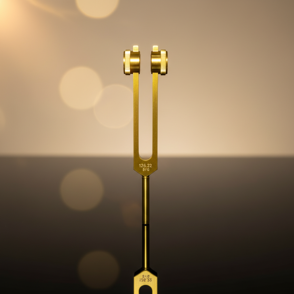 A highly detailed, studio-shot image of a yellow solar plexus tuning fork, positioned vertically on a reflective black surface that highlights its polished, metallic texture and smooth contours. The scene is illuminated with HDR studio lighting, creating s