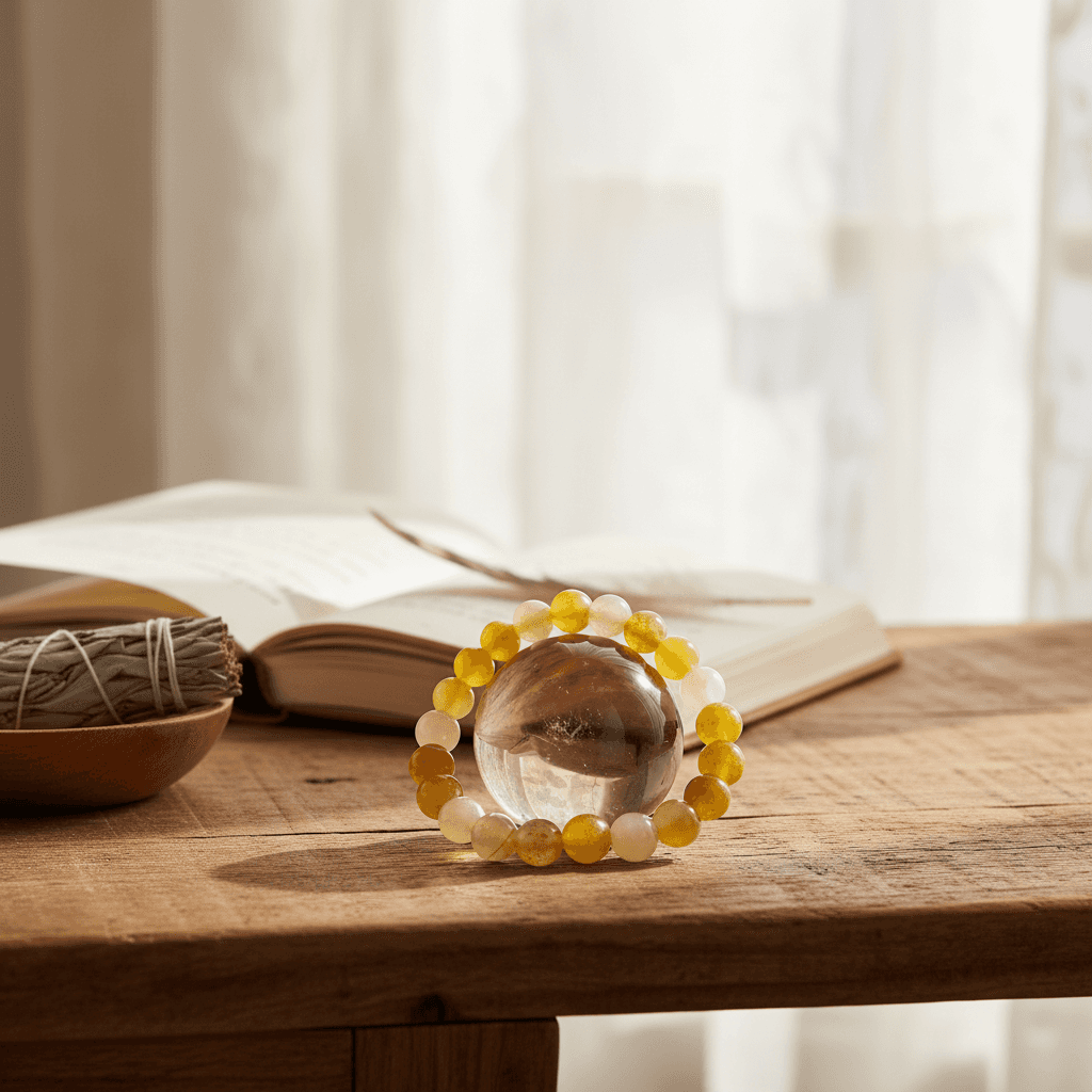 A sophisticated studio environment presenting the Yellow Jade bracelet in a lifestyle scene, placed on an artisanal wooden table with natural daylight streaming through a sheer, flowing fabric backdrop. The bracelet is draped naturally across a gemstone sp