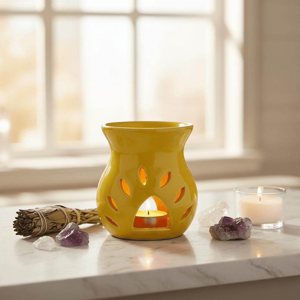 Present the yellow ceramic oil diffuser in a tranquil, minimalistic lifestyle setting, positioned on a white marble countertop with a natural, diffused daylight-soaked background. Capture the scene from a slightly lower eye level with a 35mm lens to create