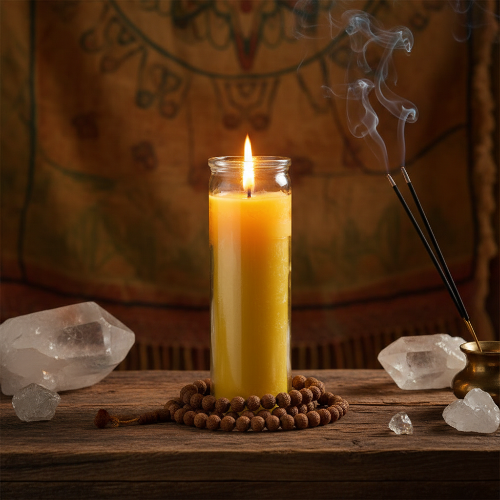 A vivid lifestyle scene capturing the yellow 7-day jar candle ensemble on a rustic wooden altar in a softly illuminated, cozy room. The candle is lit, casting a warm, inviting glow that dances on the textured surface of the exposed wood and surrounding spi