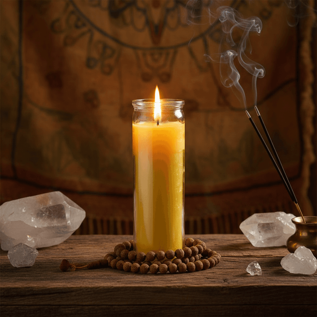 A vivid lifestyle scene capturing the yellow 7-day jar candle ensemble on a rustic wooden altar in a softly illuminated, cozy room. The candle is lit, casting a warm, inviting glow that dances on the textured surface of the exposed wood and surrounding spi