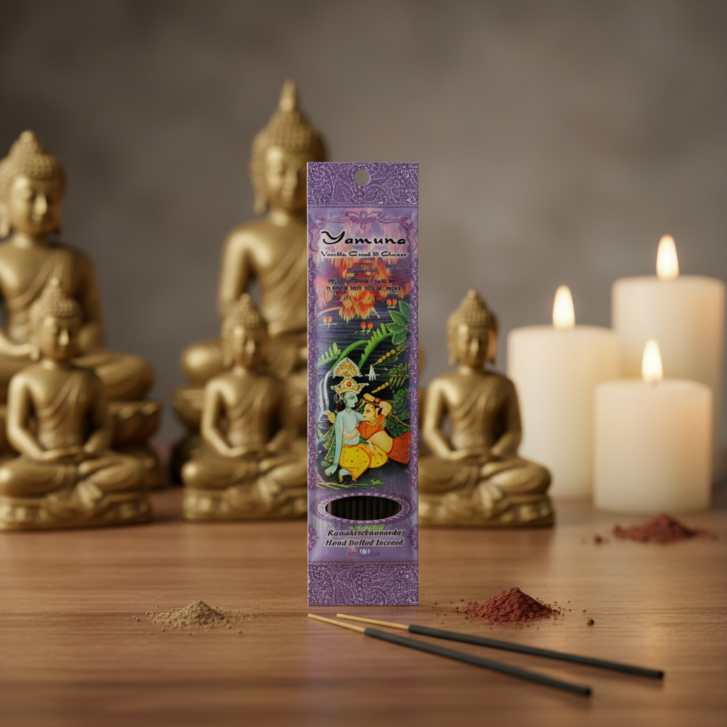 Create a serene and elegant product showcase of the 'Yamuna incense stick 10 pack' in a tranquil spiritual setting, illuminated with softbox lighting that emphasizes the warm, natural tones of the incense packaging. The scene features a close-up shot with