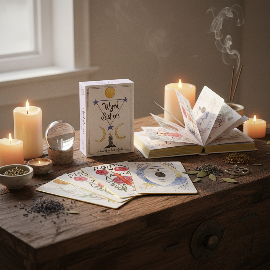Construct a sophisticated lifestyle scene in a cozy, softly lit sacred space, where the Wyrd Sisters tarot cards are being prepared for ritual use. Position the deck prominently on a wooden altar with ritual candles, scattered herbs, and magical tools near